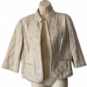 Peter Nygard Tan Embroidered Linen Blend Open Front Jacket, Women's Size‎ 12